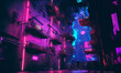 Purple neon night in a industrial zone of a cyberpunk city. Futuristic cityscape. City of a future with bright neon lights. Grunge urban wallpaper. Generative AI illustration.