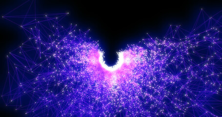 Poster - A spinning bright luminous blue unusual beautiful tunnel spiral of digital triangles connected by lines triangulation background space dark abstract