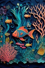  Paper cut craft, underwater scene with fish (Generative AI)