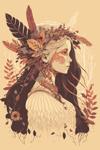 Boho Indian Tribal Girl Portrait With Feathers In Hair And Wearing Traditional Poncho