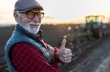 Wall Mural - Mature farmer showing ok sign in field