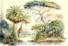 African Tropical Rainforest Scene Depicted In A 3D Watercolor Painting With Trees Close To A River And Giraffes. Generative Ai