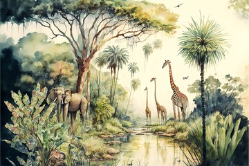  African tropical rainforest scene depicted in a 3D watercolor painting with trees close to a river and giraffes. Generative Ai