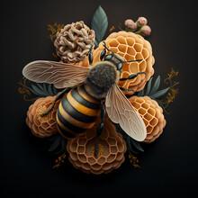 Honey Bee In A Realistic Technique Of Drawing On Flowers In The Form Of Honeycombs On A Dark Background. Logo With A Bee. Generative AI