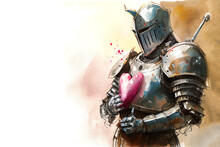 Knight In Shining Armour Holding Pink Love Heart, Watercolour Sketch. Generative AI.
