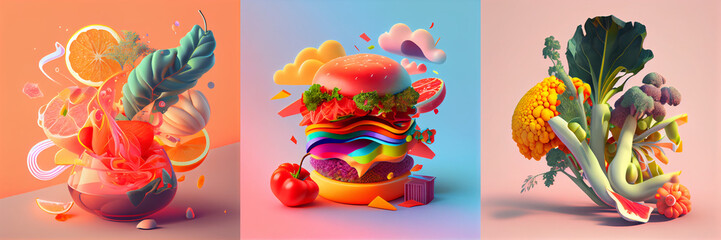 Sticker - Colorful illustration of vegetables and fruits at surreal composition