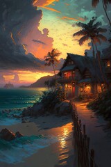 Wall Mural - 4K resolution or higher, sunset coastal village, thatched roofs house and palm trees with coconuts, beach and waves, whitewater, ocean. Generative AI Technology