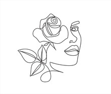 Style Templates With Abstract Female Face And Rose. Modern Minimalist Simple Linear Style. Beauty Fashion Design
