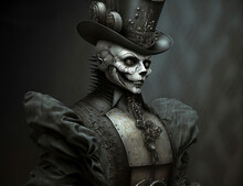 Concept Art Sinister Skeleton Dressed In A Top Hat And Costume Made With Generative AI