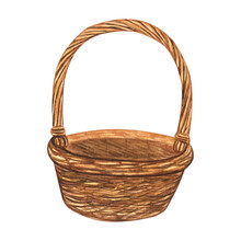 An Empty Basket Woven From Twigs For Picnic, Food, Flowers, Easter. Hand Drawn Watercolor Illustration Isolated On White Background