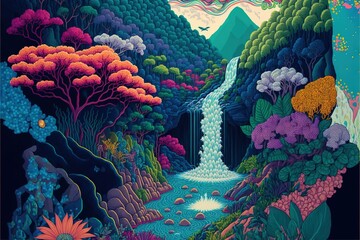 Wall Mural - Wide view of a majestic waterfall and a stream, magical illustration made with Generative AI