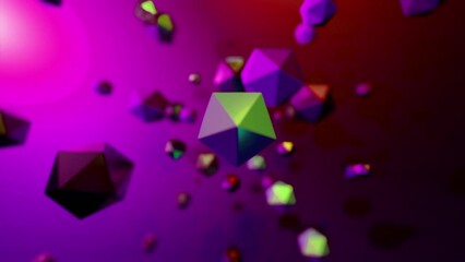 Poster - Rotating geometric polygons. Design. Spinning stream with geometric 3d polygons. Molecular flow in form of geometric shapes