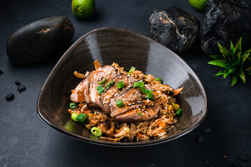 Canvas Print - Asian food rice with duck pieces, scrambled eggs, shiitake mushrooms and vegetables.