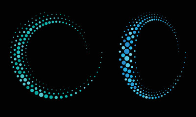 Fototapete - Halftone round as icon or background. Abstract blue vector circle frame with dots as logo or emblem. Circle white border isolated on the black background for your design.
