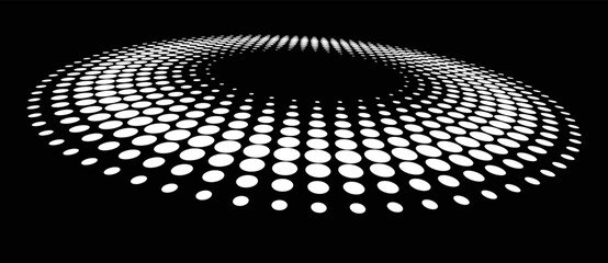Poster - Modern abstract background. Halftone dots in circle form. Round logo. Vector dotted frame with perspective. Design element or icon.