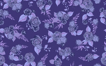 Full Seamless Lilium Rose Floral Pattern Background For Fabric Print. Purple Flower Leaves Illustration. Vector Design For Women Night Dress And Textile.