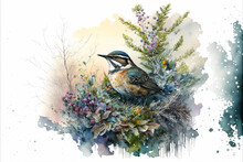 Watercolor Masterpiece With Maximum Texture Of Winter Scenery Wild Bird Cover Of Snow Flowers And Plants.genrative Ai.