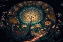  A Painting Of A Tree Surrounded By Mushrooms And A Path Through A Forest With A Light At The End. Generative AI