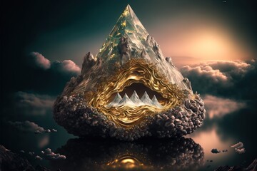 Wall Mural -  a mountain with a gold face on it in the clouds and a sky background with a sun and clouds. Generative AI