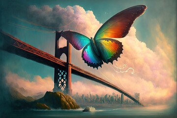 Wall Mural -  a painting of a butterfly flying over a bridge over water with a boat in the water below it and a city in the background. Generative AI