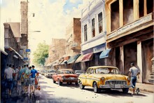  A Painting Of A Street Scene With Cars And People On The Sidewalk And A Man Walking Down The Street.