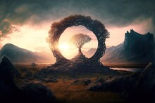 A Beautiful Fantasy Landscape With A Circular Plant And A Tree In The Middle, Generative Ai