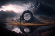 A Fantasy Landscape With A Circular Portal And Mountains In The Background, Generative Ai