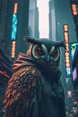 Wall Mural - Humanoid owl mutant in a cyberpunk city, character design. 