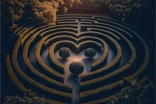 Heart Shaped Labyrinth. Complex Elaborate Maze In The Garden.