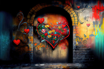 Colorful graffiti heart on wall as love symbol illustration (Generative AI)