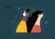 © grivina - Lifestyle series - Listening to music - modern flat vector illustration of a man and a woman with buds and headphones listaening to music surrounded by waves. People activities concept