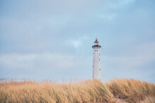 Lyngvig Fyr Lighthouse At Danish West Coast. High Quality Photo