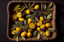 Olives And Lemons Harvest In A Wicker Basket, Aerial View
