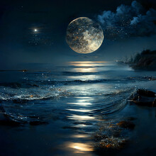 Coastal Moonlight. Magical Night On The Sea Coast, Full Blue Moon And Rocks. Art Created With Generative AI Technology