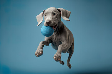 Wall Mural - Phantom runner Jumping and playing with a ball is a weimaraner dog. Grey puppy or pet toy that is cute and energetic, isolated on a blue backdrop. Pets appreciate the idea of motion, activity, and mov