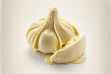 Sticker - Raw entire garlic paste or lahsun puree, isolated on a white backdrop. selective attention. Generative AI