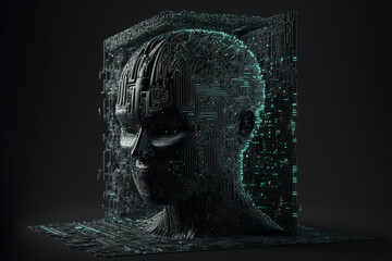 Wall Mural - Quantum Computing Matrix code on black background, Glowing Circuit Board Network Connections Spreading out of a Cyborg Head, Generative AI