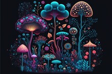 Illustration Fantasy Flowers, Trees And Mushrooms. AI