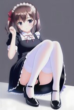 Anime waifu girl in a black and white maid dress with a bow and stockings. Generative AI
