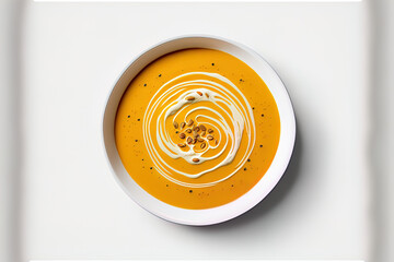 Wall Mural - Top view of a bowl of delectable pumpkin cream soup on a white backdrop. Generative AI