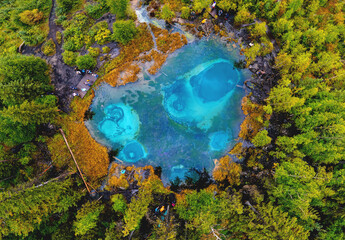 Aerial beautiful landscape Altai, blue geyser lake surrounded by forest Aktash mountains, Altay Russia drone view