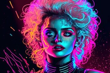 A woman's face with bright and colorful neon lights on a black background, generative ai