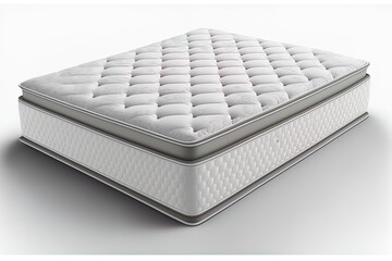 Sticker - Isolated on white, a double sided queen sized plush pocketed coil mattress. Luxurious Pillow Top Two Sided Innerspring Mattress. Mattress with Washable Tufting, Responsive Springs, and Breathable Bord