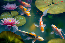Koi Fish In Pond With Lilies. Generative Ai