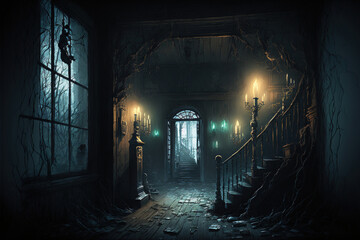 creepy interior of an abandoned building background, concept art, digital illustration, haunted house, scary interior