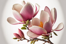 Pink Magnolia Blooms On A White Background, Isolated. Generative AI