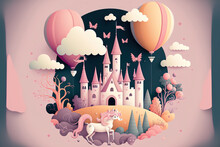 Illustration Of A Sweet Fairy Tale With Pastel Balloons, Clouds, A Unicorn, A Pumpkin, And A Carriage. Generative AI