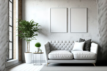 Sticker - White mock wall in a loft style home with a sofa and other decor. Generative AI