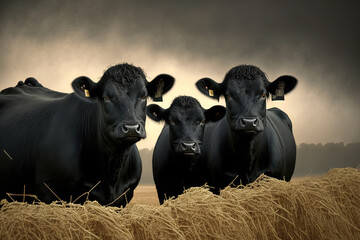 black angus cows on a field of straw. generative ai