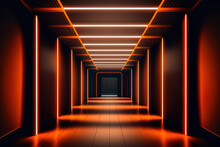 Modern, Futuristic Backdrop For Design In An Underground Parking Corridor Warehouse With Lights, An Empty Stage, And A Chamber Painted In Orange Neon. Generative AI